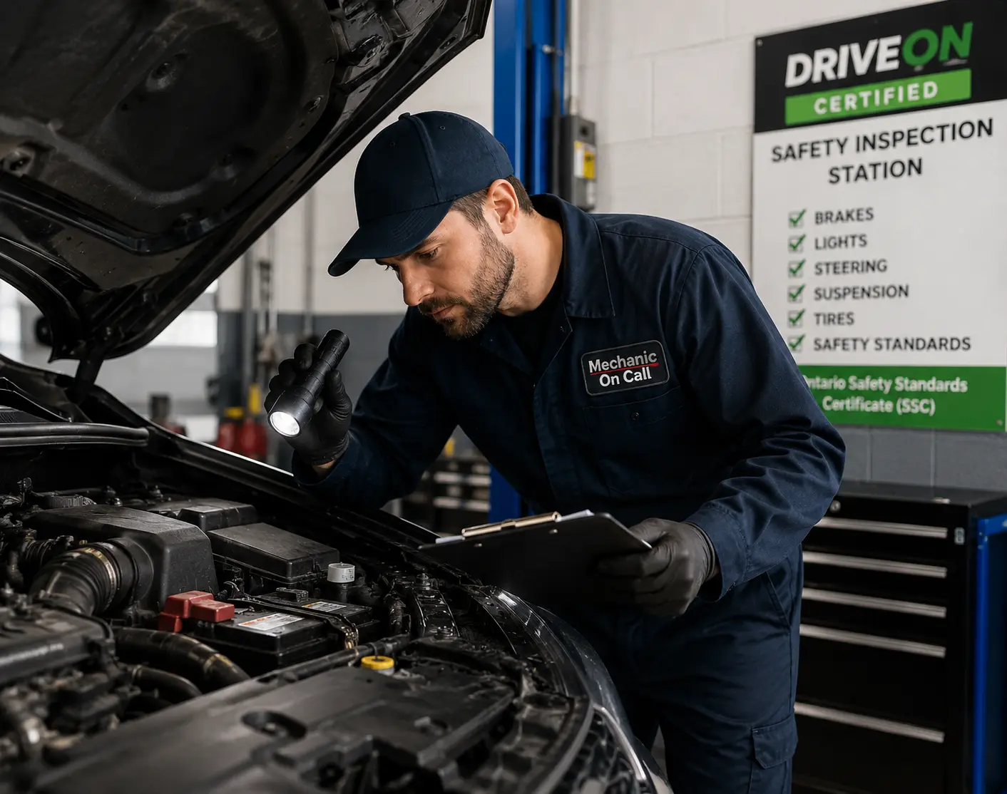 Mechanic On Call technician performing a vehicle safety inspection in Kitchener